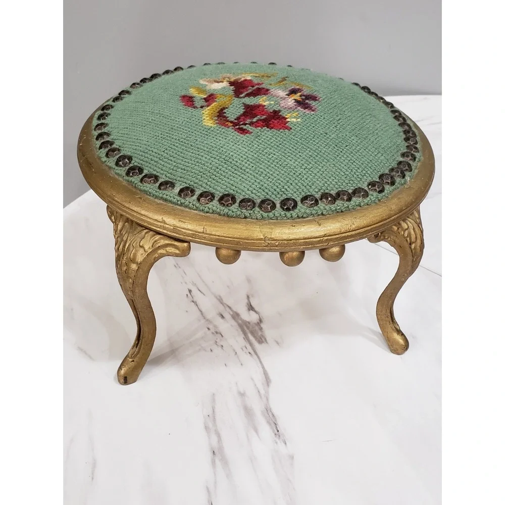 Antique Victorian Dainty Stick & Ball NEEDLEPOINT Floral Foot‎ Stool Tapestry